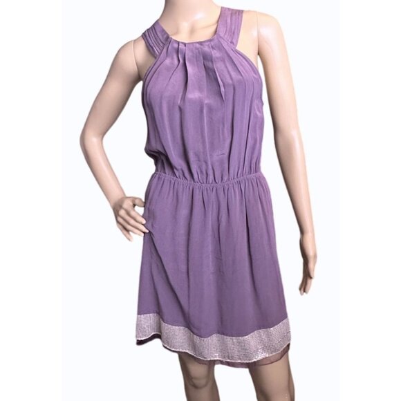 Ya Da Mauve Silk Pull-Over Tank Dress With Pleated Front & Metallic Hem Trim - Picture 1 of 16